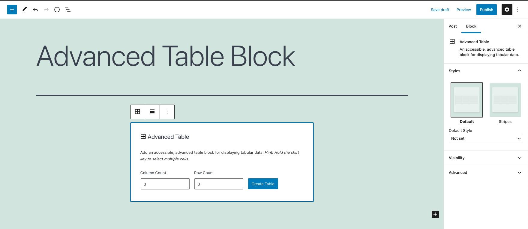 Screenshot showing the advanced table block setup screen allowing a user to choose the number of columns and rows for the table