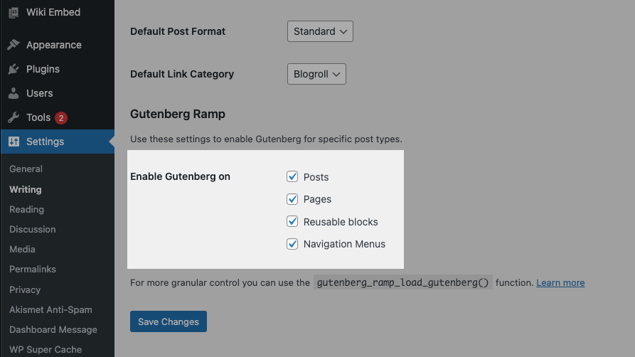 A partial screenshot of the WordPress writing settings screen with the 'Enable Gutenberg On' section highlighted.