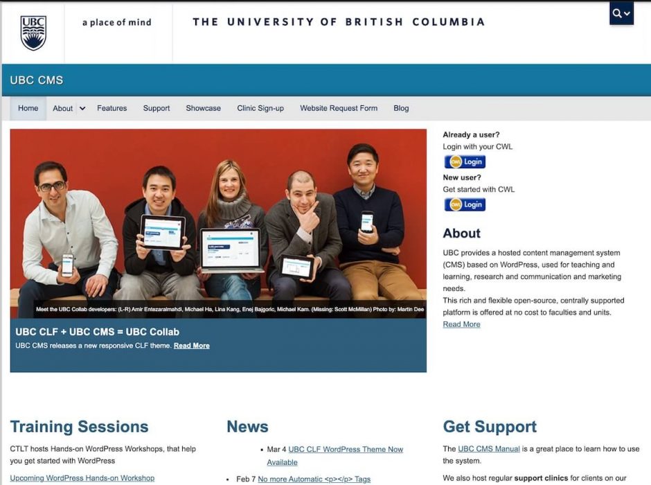A screenshot of the earliest version of the CMS website that we can find from 2013. It shows a photo of some of the contributors to the WordPress theme, sign in buttons, and the university branding.