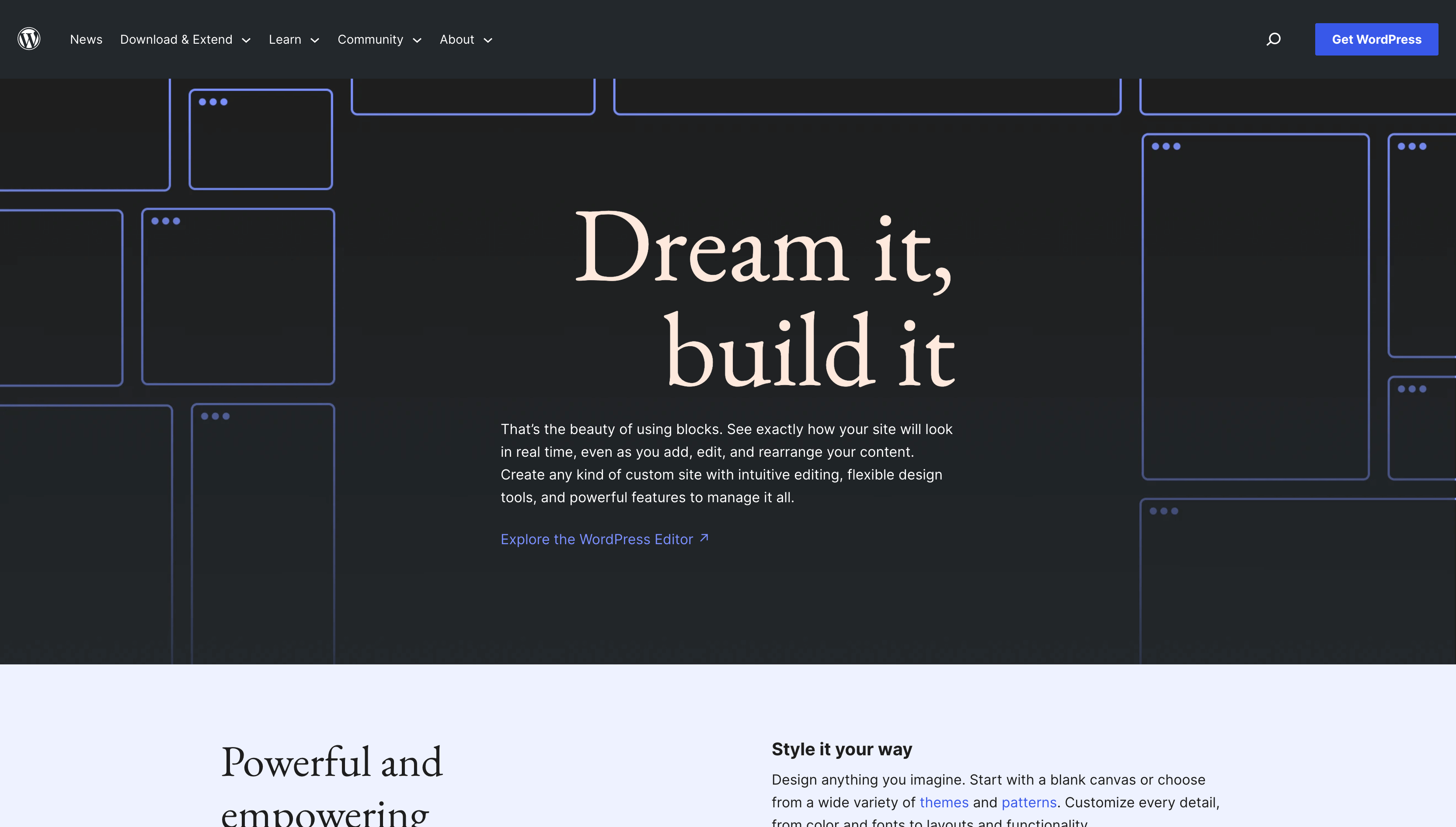 A screenshot of the wordpress.org page. Main title text is "Dream it, build it"