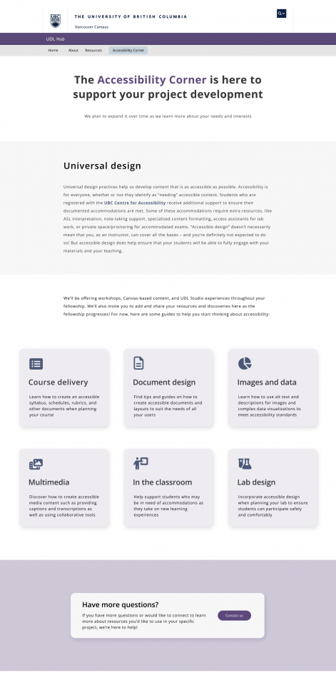 A screenshot of the full page of the accessibility corner page on the UDL Website. It is mostly text with some boxed content with icons.