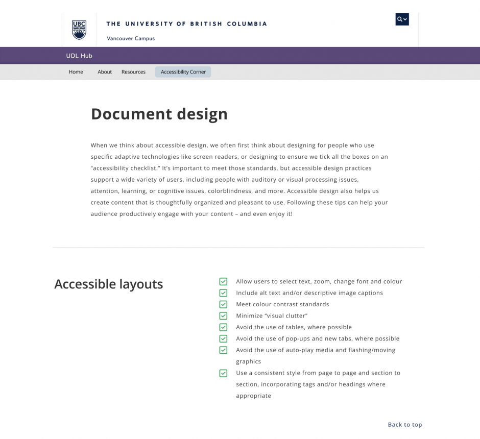 A cropped screenshot of the document design page on the UDL Hub website. It is mostly text with a bulleted list with a title of 'accessible layouts' where the bullet points are ticks to suggest the type of layout can be considered accessible