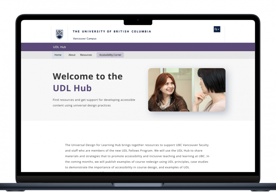 A mockup of an Apple Macbook Pro laptop showing the UDL Hub website on the screen.